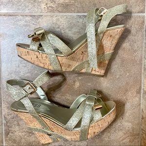Guess Gold Glitter Bow Open Wedged Heel Sandals 6